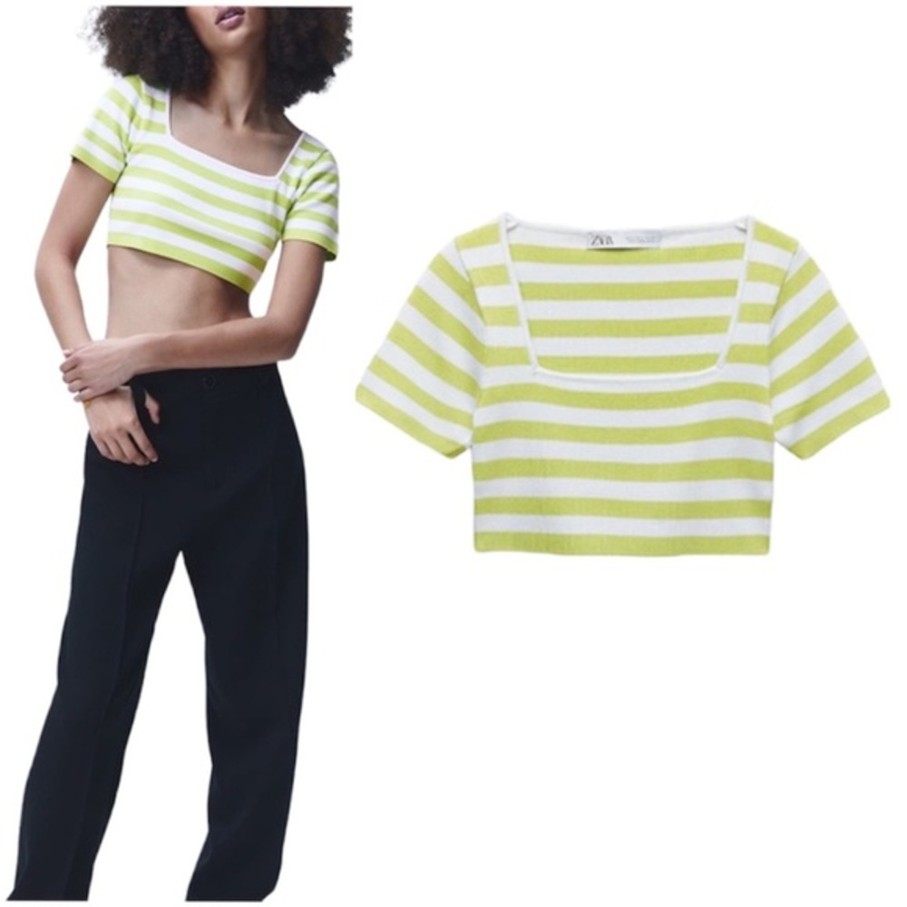 Zara green striped knit crop top - small